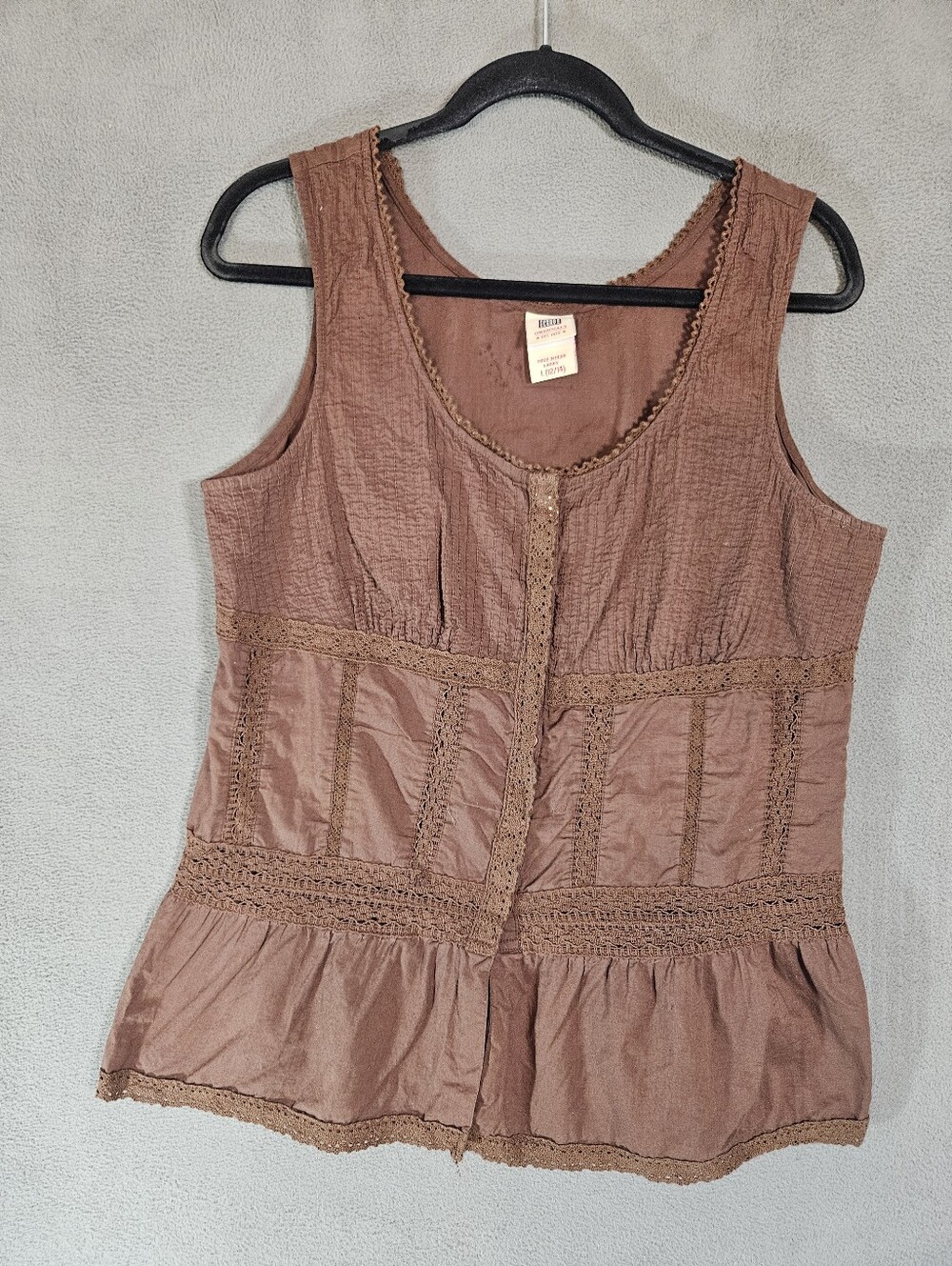 Faded Glory Women Large Peasant Tank Top Shirt Brown Pleated Cottage Ruffles Y2K